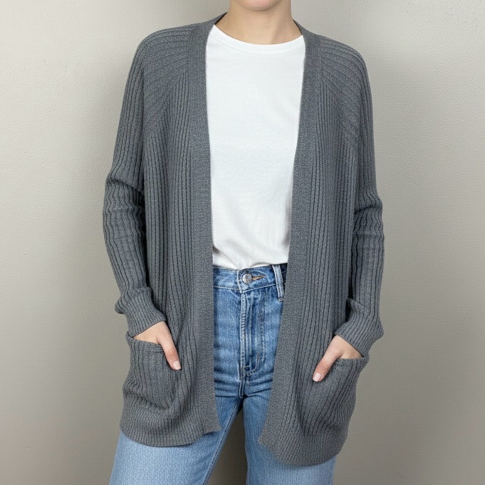 Max Studio Gray Ribbed Open-Front Cardigan Sweater Pockets Minimalist Casual M